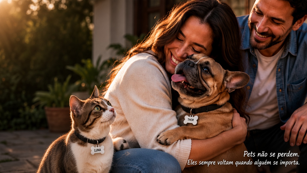 Família com LUNA e THOR. Pets não se perdem. Eles sempre voltam quando alguém se importa.